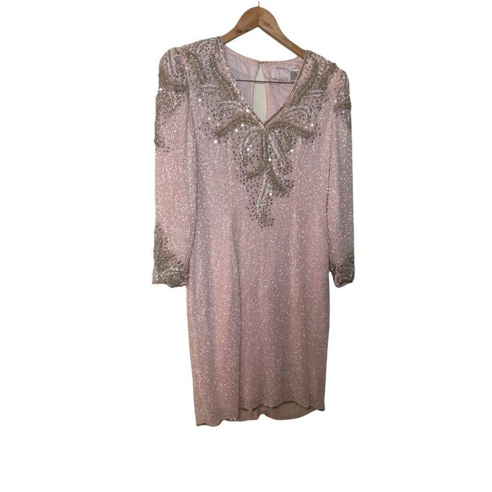 Vintage 80s 90s Pink Grey Sequin Trophy Dress